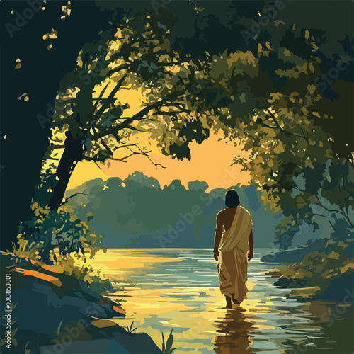Lord Ram Walking River Exile Forest Sunset Mythology Hindu God Ramayana Epic India Spirituality Religion Painting Illustration Digital Art