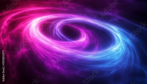 A vibrant swirl of pink and blue cosmic energy, resembling a galaxy or nebula, set against a dark background.