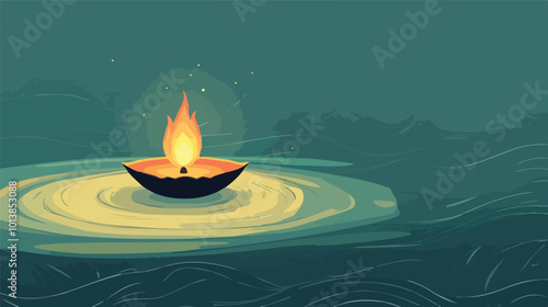 Diwali Festival Celebration Deepam Oil Lamp Water Religious Background Vector Illustration Spirituality Light Hope Peace Tradition India Culture Hinduism Festive Greeting Card Banner Design Element