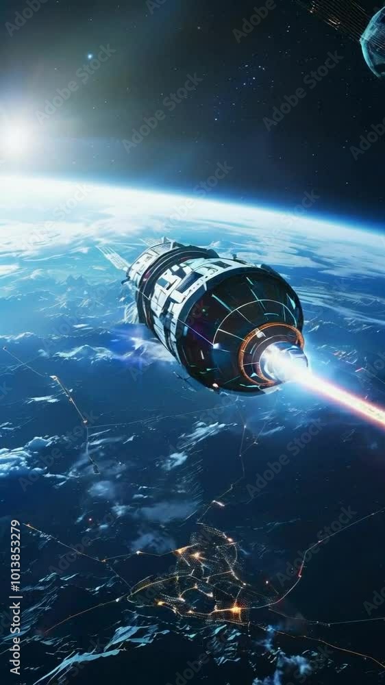 A futuristic spacecraft propelling through space above Earth, showcasing advanced technology. A futuristic spacecraft propelling through space above Earth, showcasing advanced technology.