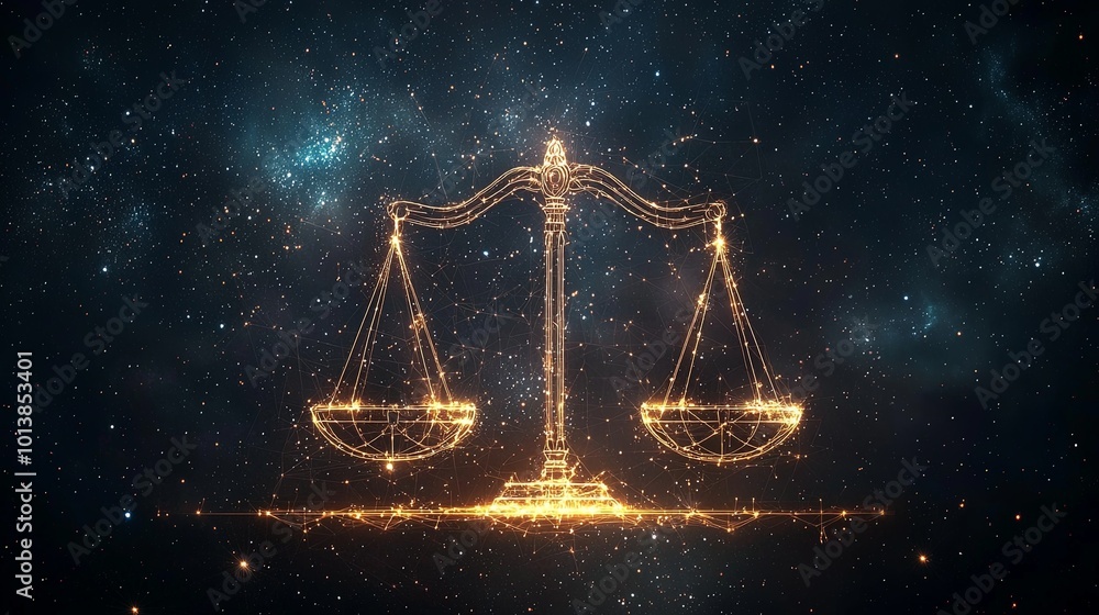 Radiant and glowing scales of justice stand prominently against a vast, star-lit cosmic sky, embodying themes of harmony, balance, and universal law. Radiant and glowing scales of justice stand prominently against a vast, star-lit cosmic sky, embodying themes of harmony, balance, and universal law.