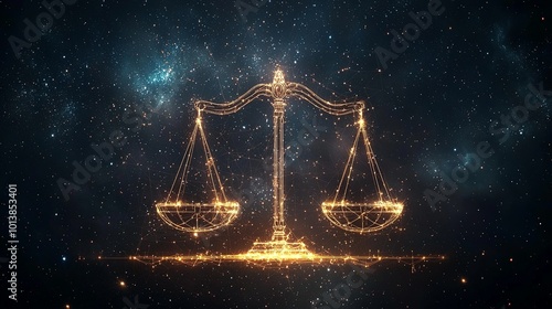 Radiant and glowing scales of justice stand prominently against a vast, star-lit cosmic sky, embodying themes of harmony, balance, and universal law. photo