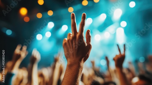 A vibrant concert scene with hands raised, some displaying the peace sign, set against a backdrop of colorful stage lights, evoking unity and musical camaraderie.