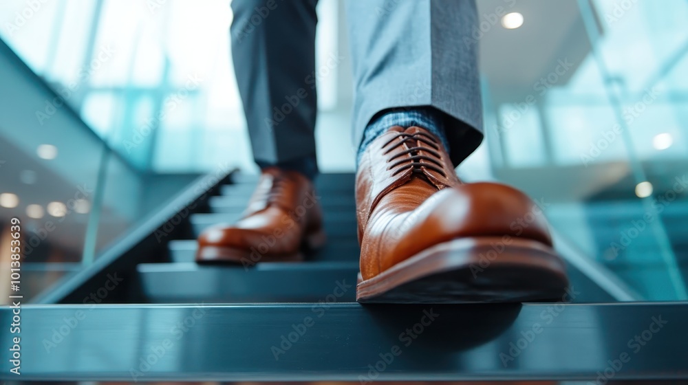Fototapeta premium A close-up angle showing a business person in formal leather shoes stepping downward on a staircase, capturing a sense of movement and professionalism.