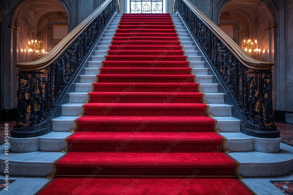 Obraz premium Red carpet on the stairs on a dark background. The path to glory, victory and success