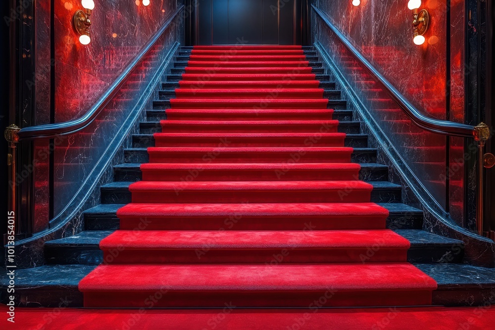Red carpet on the stairs on a dark background. The path to glory, victory and success Red carpet on the stairs on a dark background. The path to glory, victory and success