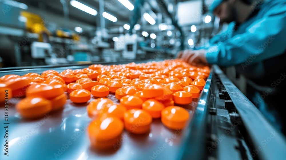 Fototapeta premium In a brightly lit pharmaceutical manufacturing facility, orange pills move along a conveyor belt, guided by gloved workers focused on precision and quality control.