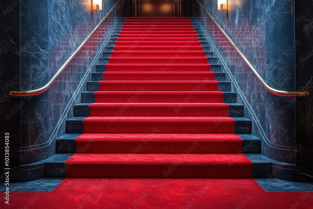 Red carpet on the stairs on a dark background. The path to glory, victory and success Red carpet on the stairs on a dark background. The path to glory, victory and success