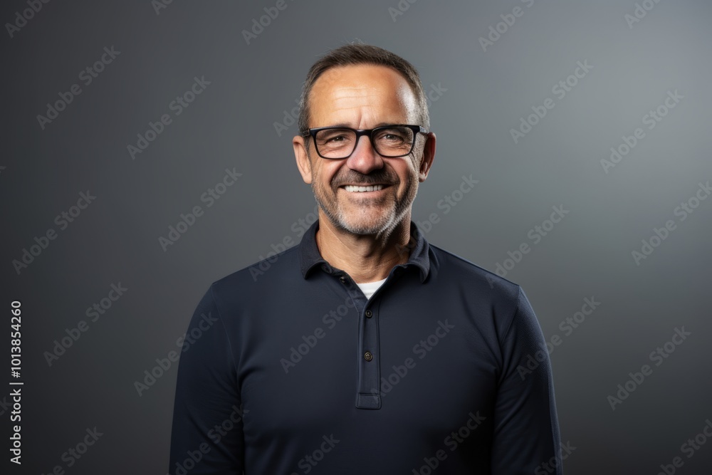 Portrait of a smiling mature man with eyeglasses against grey background Portrait of a smiling mature man with eyeglasses against grey background
