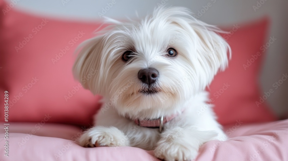 An endearing white dog with fluffy textured fur poses confidently on soft pink bedding, creating an atmosphere of elegance and irresistible cuteness within the scene. An endearing white dog with fluffy textured fur poses confidently on soft pink bedding, creating an atmosphere of elegance and irresistible cuteness within the scene.