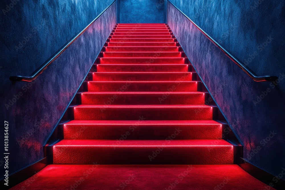 Red carpet on the stairs on a dark background. The path to glory, victory and success Red carpet on the stairs on a dark background. The path to glory, victory and success