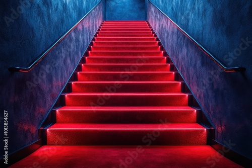 Red carpet on the stairs on a dark background. The path to glory, victory and success