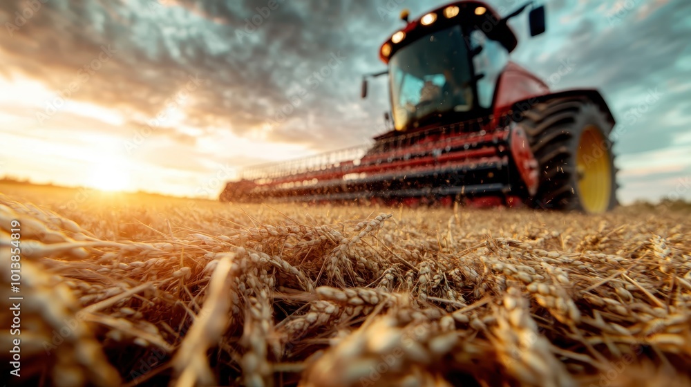 Fototapeta premium A large red tractor is harvesting golden wheat in a vast agricultural field during sunrise, signifying the peak of agricultural activity and productivity.