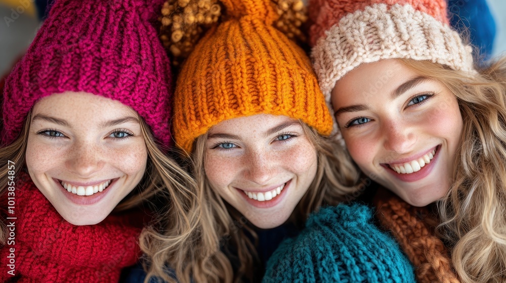 Three women wearing vibrant knitted hats, smiling warmly at the camera, capturing a moment of friendship, unity, and warmth during a cozy indoor setting. Three women wearing vibrant knitted hats, smiling warmly at the camera, capturing a moment of friendship, unity, and warmth during a cozy indoor setting.