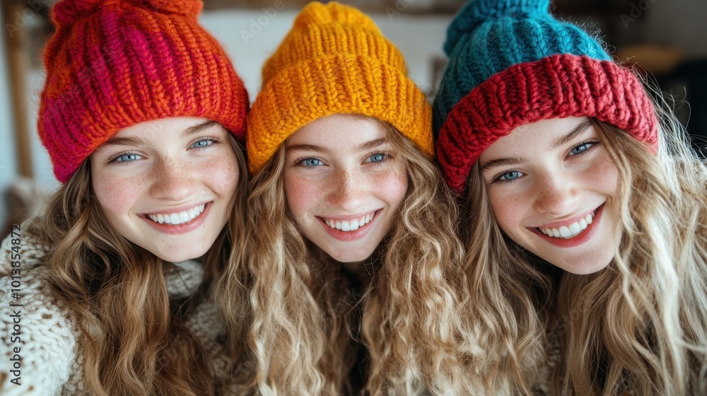 Three young individuals wearing knitted hats, capturing a joyful moment, representing warmth, camaraderie, and vibrant connections during chilly days. Three young individuals wearing knitted hats, capturing a joyful moment, representing warmth, camaraderie, and vibrant connections during chilly days.