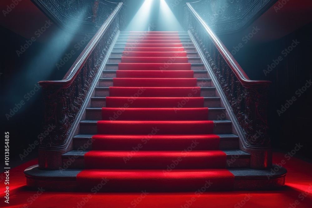 Red carpet on the stairs on a dark background. The path to glory, victory and success Red carpet on the stairs on a dark background. The path to glory, victory and success