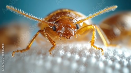 A detailed macro image captures a bed bug's intricate features as it crawls on white fabric, highlighting the insect's unique structure and close interaction with its environment.