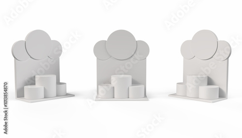 Point Of Sale Display. Product presentation display. Supermarket Promotional Display Stand, Empty Product Display With Three Circle shape header and Three Round Podium. 3D Render Illustration. 
