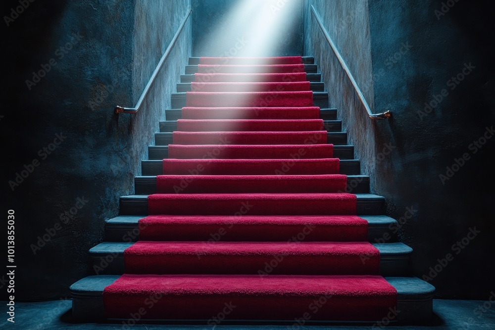 Red carpet on the stairs on a dark background. The path to glory, victory and success Red carpet on the stairs on a dark background. The path to glory, victory and success