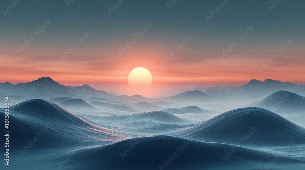 Sunset over misty mountains with a calm seascape, tranquil nature scenery Sunset over misty mountains with a calm seascape, tranquil nature scenery