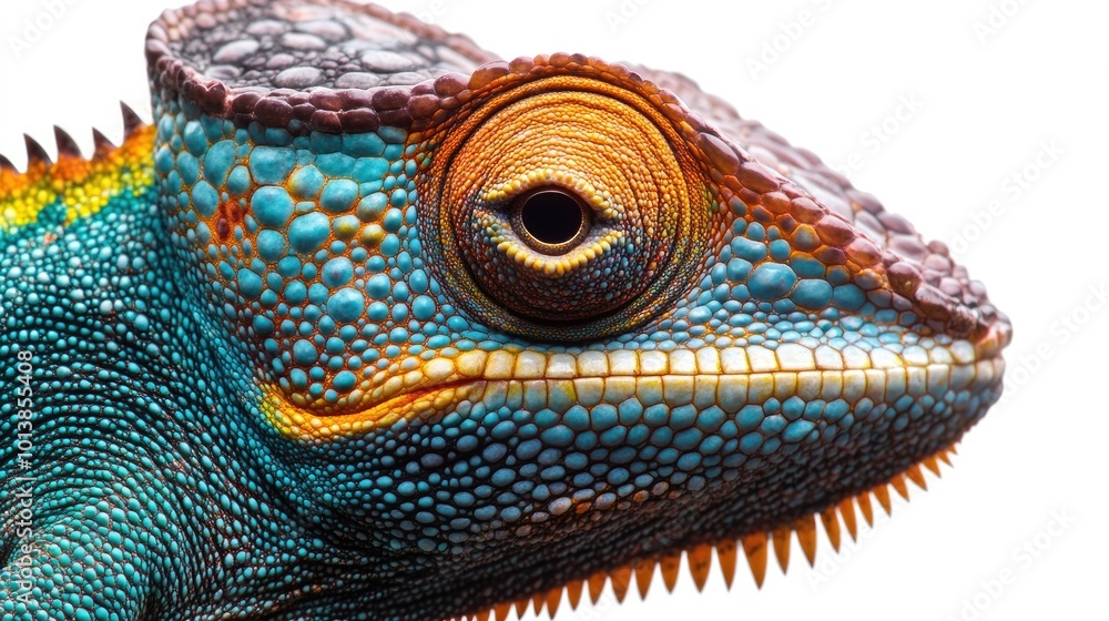 Fototapeta premium A close-up of a brightly colored chameleon, isolated on a white background in transparent PNG, capturing its unique texture.
