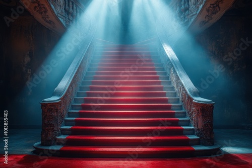 Red carpet on the stairs on a dark background. The path to glory, victory and success