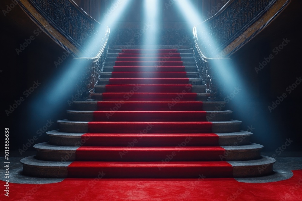 Red carpet on the stairs on a dark background. The path to glory, victory and success Red carpet on the stairs on a dark background. The path to glory, victory and success