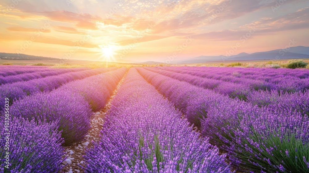 Obraz premium A field of lavender stretching as far as the eye can see, with a soft golden sunset casting a warm glow over the landscape.