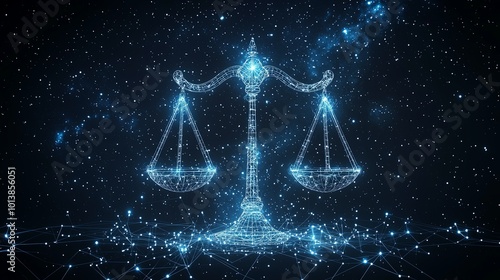 A digitally-rendered scale of justice, adorned with glowing lights, floats against the boundless, star-filled expanse of a glittering cosmic night sky view.