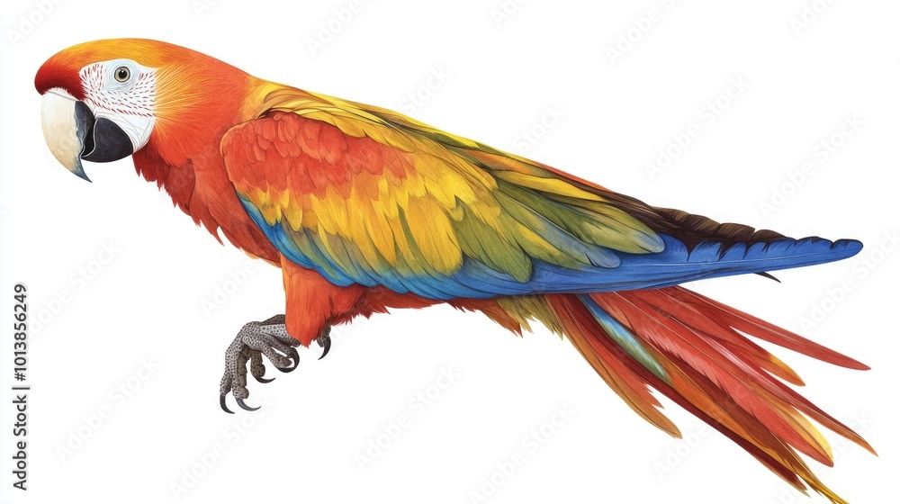 Obraz premium A fully detailed image of a tropical parrot perched, with bright feathers,