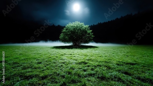 A vivid scene of a solitary tree standing under a full moon in a field shrouded by mist, embodying themes of renewal, introspection, and timeless beauty. photo