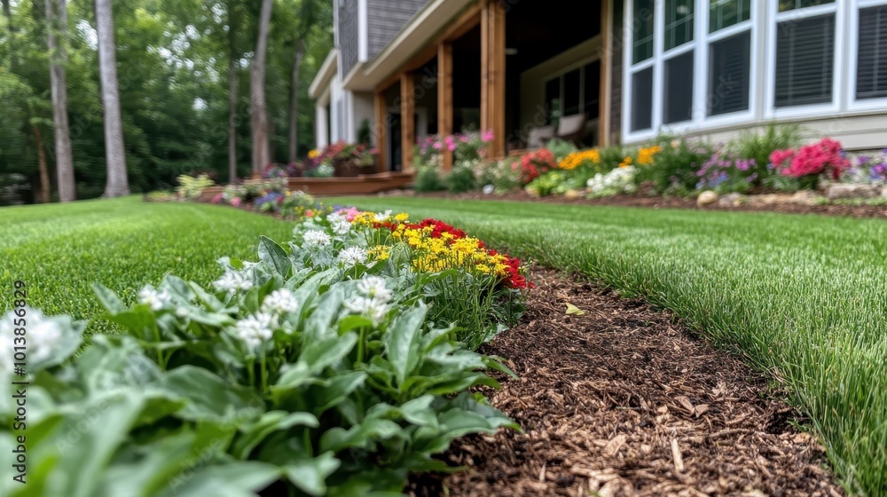 A vibrant, well-maintained garden with a crisp, detailed view of colorful flower beds lining a lush, neatly trimmed lawn outside a beautiful modern home. A vibrant, well-maintained garden with a crisp, detailed view of colorful flower beds lining a lush, neatly trimmed lawn outside a beautiful modern home.