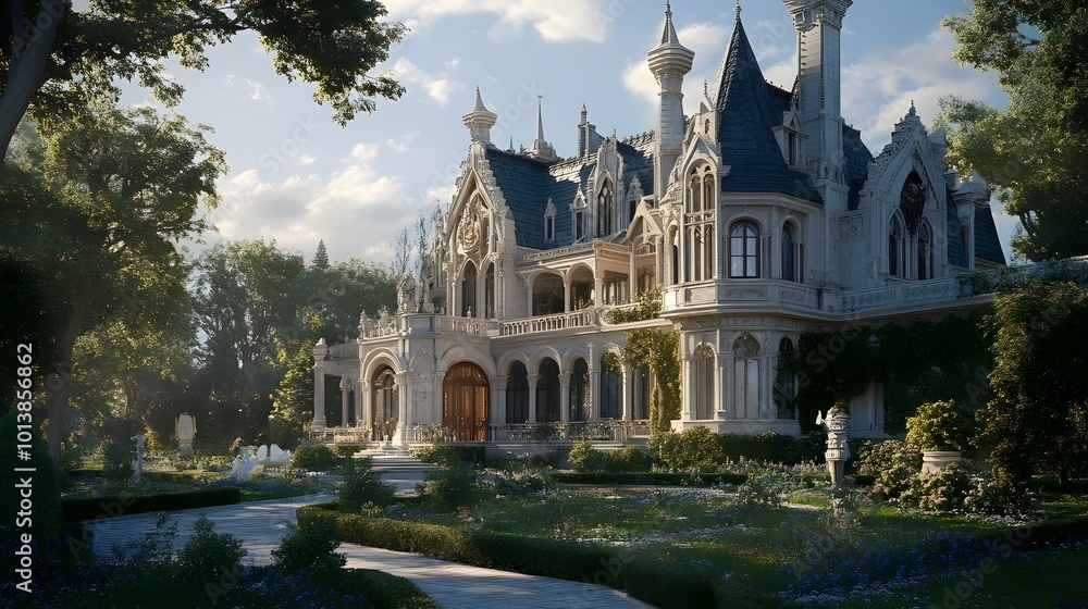 Obraz premium Expansive mansion with towering spires and ornate architectural elements, set amidst a sprawling green landscape.