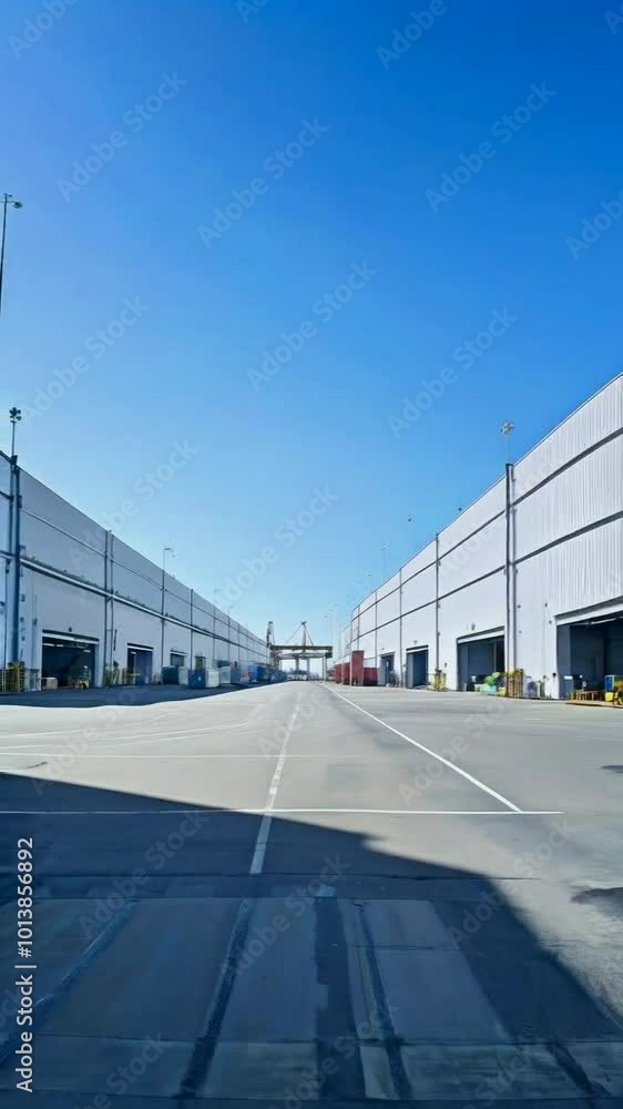 A wide view of a warehouse area under a clear blue sky, emphasizing industrial space. A wide view of a warehouse area under a clear blue sky, emphasizing industrial space.