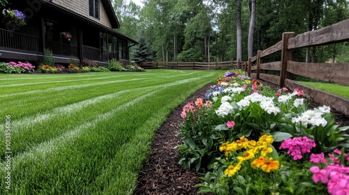 Fototapeta Naklejka Na Ścianę i Meble -  A picturesque garden surrounding a cozy house features lush, evenly striped grass bordered by vibrant flower beds and a rustic wooden fence under a clear blue sky.