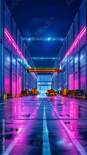 A vibrant industrial space with neon lights and reflective surfaces.