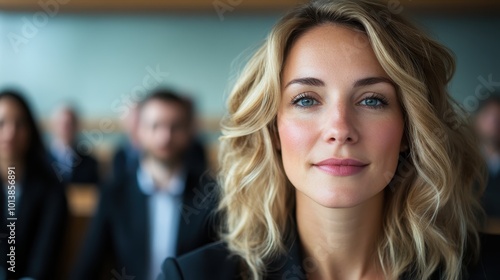 A focused woman with blonde hair is seen in a professional environment, exuding determination and concentration amidst business discussions and decision-making.