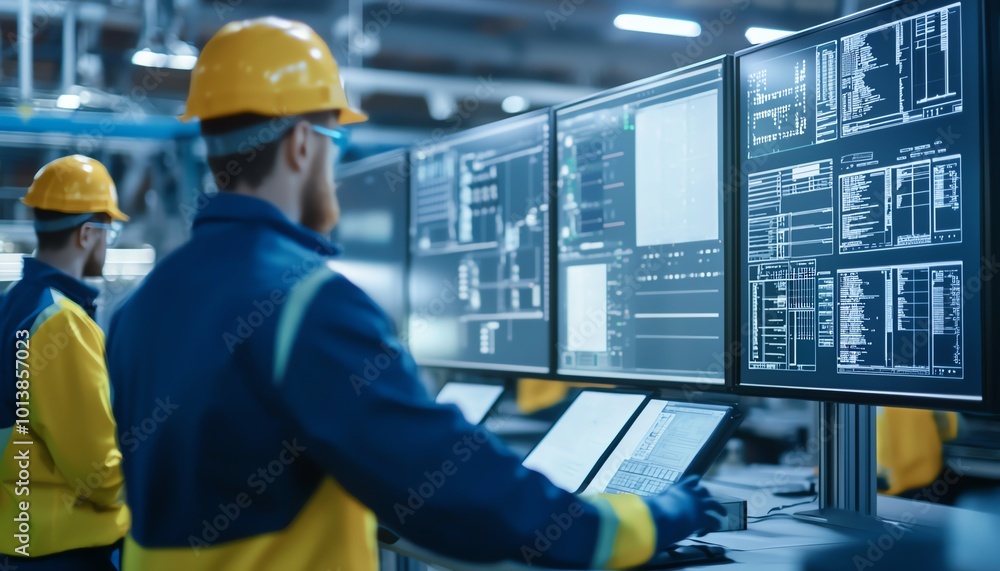 Workers monitoring high-tech screens in a modern industrial setting, focused on data and operations management. Workers monitoring high-tech screens in a modern industrial setting, focused on data and operations management.