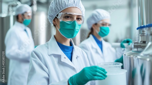 Laboratory technicians in protective gear conducting experiments in a clean environment.