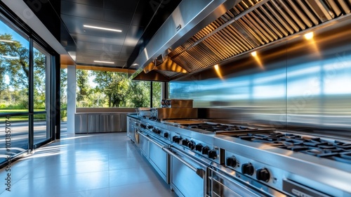 A sleek, high-end industrial kitchen featuring contemporary stainless steel appliances and a large window, designed for efficiency and style in culinary arts.