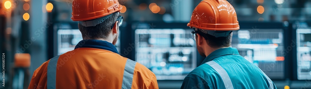 Two workers in safety helmets observing control screens in a modern industrial environment. Two workers in safety helmets observing control screens in a modern industrial environment.