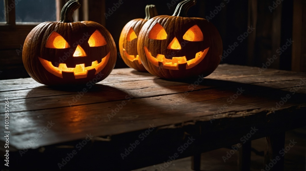 Three carved pumpkins with glowing faces on a wooden table in a dimly lit room during Halloween night Three carved pumpkins with glowing faces on a wooden table in a dimly lit room during Halloween night