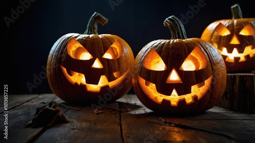 Carved pumpkins with glowing faces sit on a rustic wooden table, creating a festive atmosphere for Halloween night