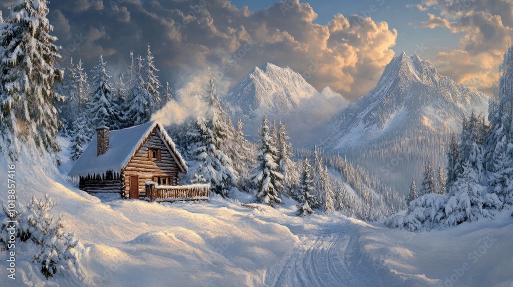 A peaceful snowy landscape with a small wooden cabin nestled in the mountains, smoke rising from the chimney under a bright winter sky. A peaceful snowy landscape with a small wooden cabin nestled in the mountains, smoke rising from the chimney under a bright winter sky.