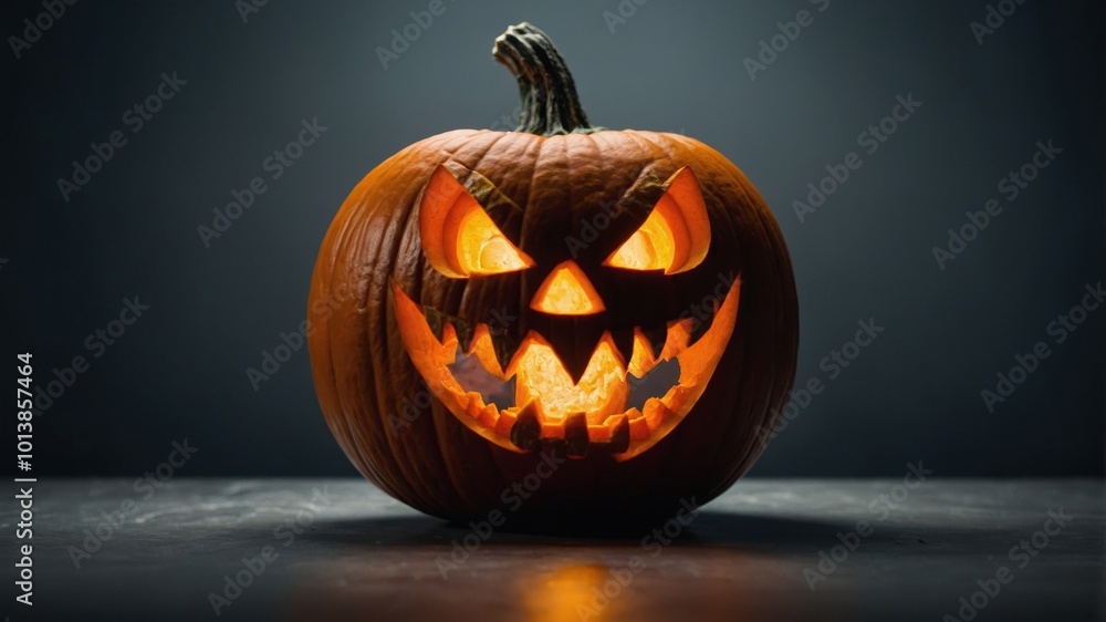View of a carved Halloween pumpkin glowing with an intense expression against a dark background View of a carved Halloween pumpkin glowing with an intense expression against a dark background
