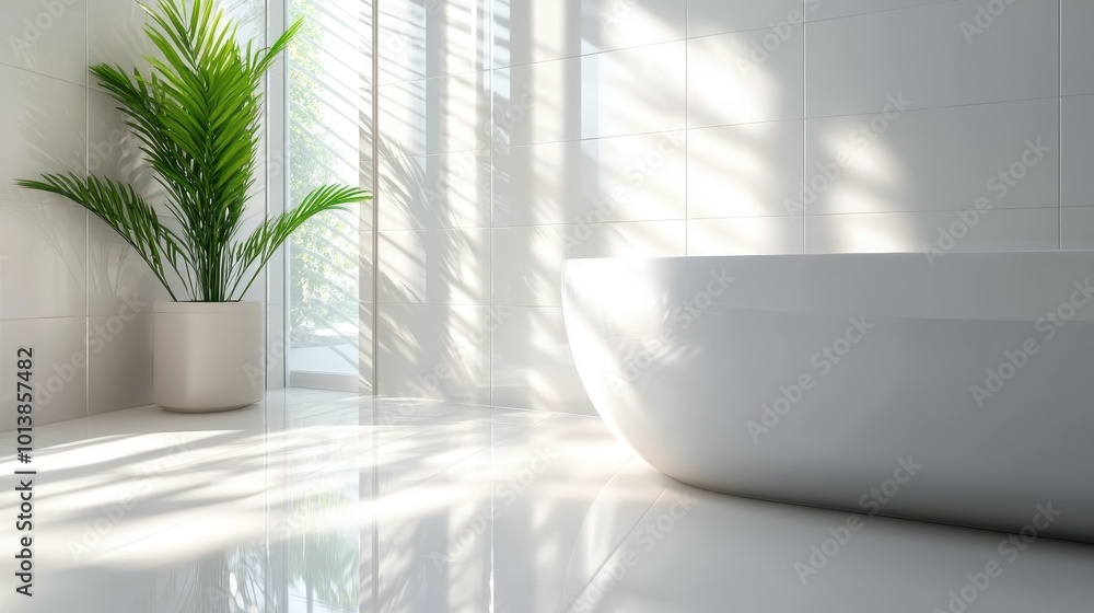 A sunlit bathroom beautifully designed in a modern style features a sleek white bathtub and a green potted plant, creating a fresh and calming ambiance. A sunlit bathroom beautifully designed in a modern style features a sleek white bathtub and a green potted plant, creating a fresh and calming ambiance.
