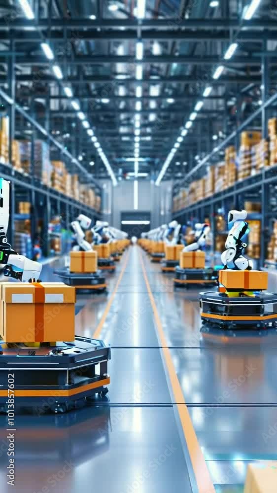 A modern warehouse filled with robotic arms and automated systems ...