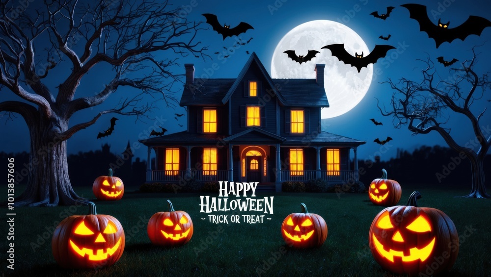 Fototapeta premium A spooky Halloween night featuring carved pumpkins and bats near a haunted house under a full moon