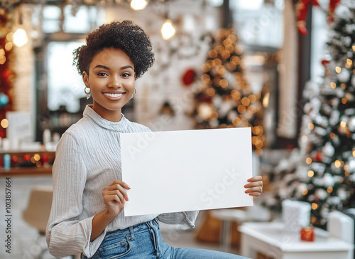 African American woman, hairdresser  with short haircut, holding blank white sign and smiling . Modern interior of hair salon, decorated for Christmas. Mock up