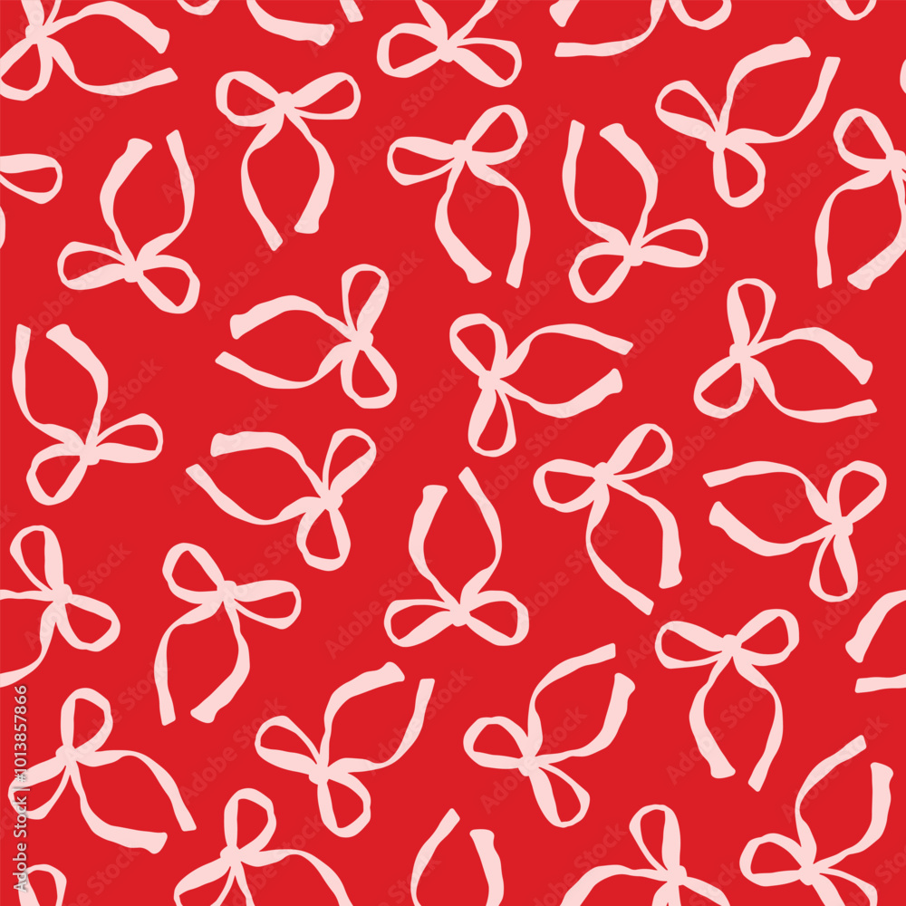 Hand drawn, pink, pretty bow seamless repeat pattern. Random placed, festive vector tie ribbons aop, all over print on red background.